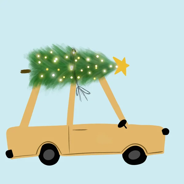An illustration of a car carrying a Christmas tree. Tree on a car. Winter Christmas background illustration for greeting cards, posters, banners, wallpapers.