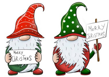 Christmas gnome illustration. Two gnomes. Winter Christmas Eve background illustrations for greeting cards, posters, banners clipart