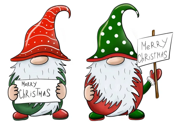 圣诞侏儒的例子 两个侏儒冬季平安夜贺卡 横幅的背景插图 — 图库矢量图片