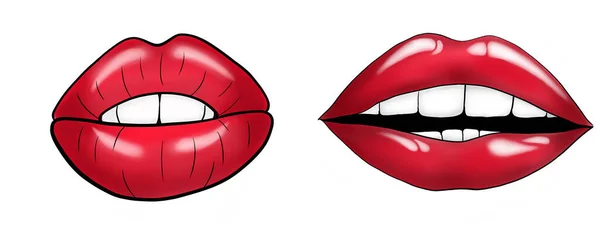 Lábios Vermelhos Postos Boca Feminina Sorriso Sexy Com Dentes Brancos —  Vetores de Stock
