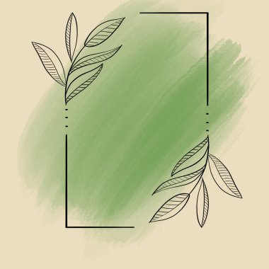 Güzel yeşil yaprakların çerçevesi. Zarif pastel renkli resimli davetiye kartı. Davetiyeler, kartpostallar ve diğer projeler için ideal. Metin için yer