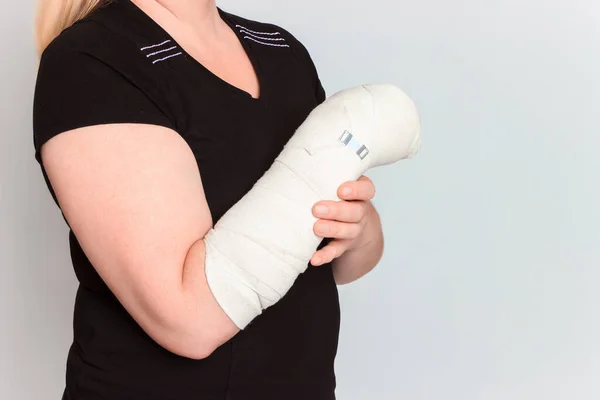 Woman Plastered Hand White Background — Stock Photo, Image