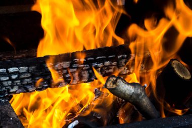 Yanan kütük. Ateşle. Ağaç yanıyor.