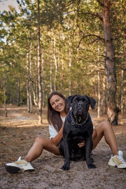 Korso köpeği olan genç bir kadın ormanda birlikte oturuyor. Mutlu evcil hayvan ve gülen kadın doğanın tadını çıkarıyor. Yaz ormanı geçmişi, arkadaşlık, hayvan sevgisi, sorumluluk sahibi köpek sahibi olma..