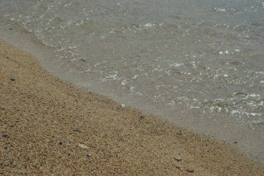 Kumsala vuran sığ dalgalarla dolu bir sahil..