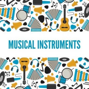 Müzikal enstaller yatay şablon.vektör şablonu müzikal item. gitar, sentezleyici, pick, music record, mikrofon, davul, saksafon, zil, ksilofon. Basit düz yatay iniş sitesi.