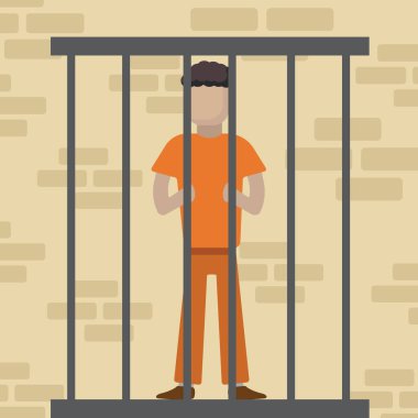 prisoner,arrested gangster sitting in detention cell, prison.The prisoner behind bars.vector simple flat cartoon graphics, characters.