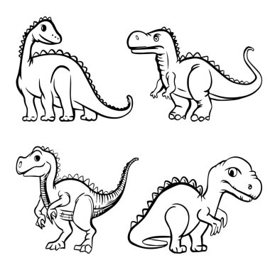 dinosaur. set of simple flat black and white ancient dinosaurs. triceratops, tyrannosaurus, dragons. flat, vector, doodle, sketch, graphics.