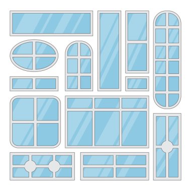 windows. set of isolated windows with frames, interior elements, street architecture. cartoon simple items