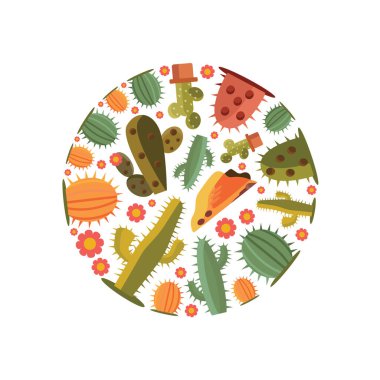 cactus background. decorative green desert plants. desert cacti, spiked flowers.vector flat cartoon circle shape