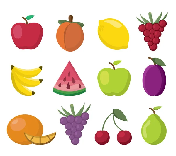 Früchte Eine Reihe Isolierter Objekte Apfel Traube Pfirsich Zitrone Birne — Stockvektor