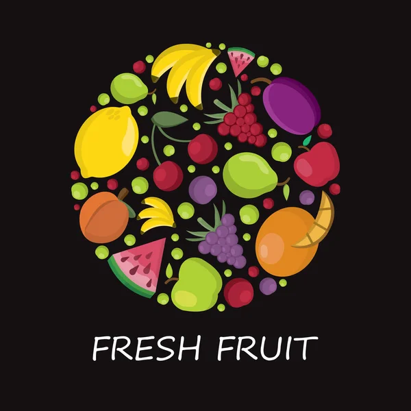 Früchte Kreisform Hintergrund Apfel Traube Pfirsich Zitrone Birne Pflaume Orange — Stockvektor
