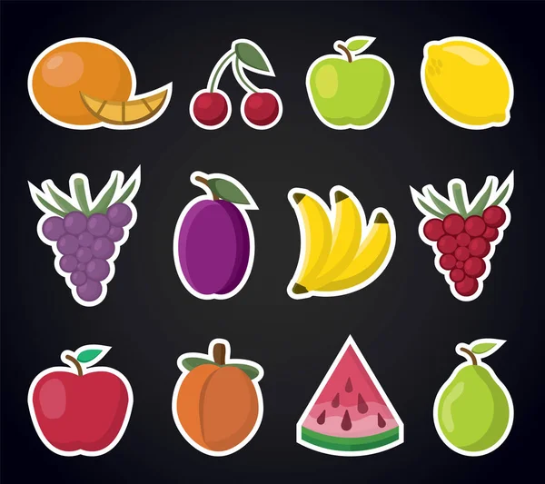 Früchte Aufkleberverpackung Apfel Traube Pfirsich Zitrone Birne Pflaume Orange Kirsche — Stockvektor
