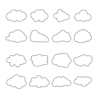 Bulutlar. Hava durumu, düz bir şekilde şekillendirilmiş semboller. Kabarık bulutların vektör şablonları izole edildi