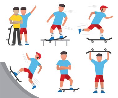 Patenciler. Kaykaylı erkek karakterler, tişörtlü ve kasklı sporcular kaykay parkında numaralar yapıyorlar. vektör çizgi filmi basit karakterler.