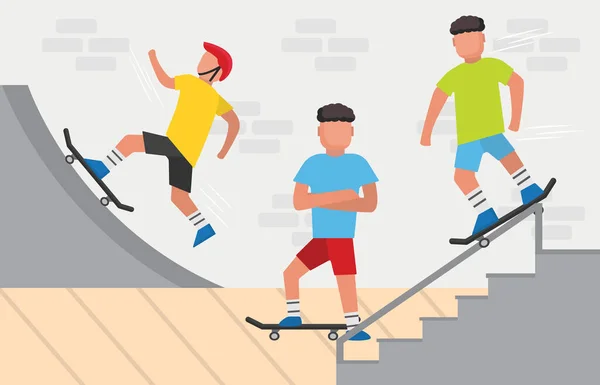 stock vector skaters. set of male characters on skateboard, boys in T-shirts and helmets doing tricks on skateboard in skatepark. vector cartoon simple characters.