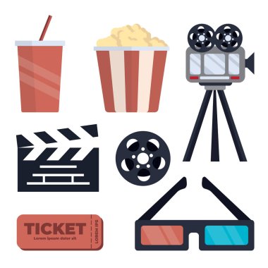 Sinema, sinema, film yapımı, izole nesneler seti. Patlamış mısır kovası, içki, sinema kamerası, bilet, 3D gözlükler, video kaset, film alkışları. vektör düz basit çizgi film nesneleri.