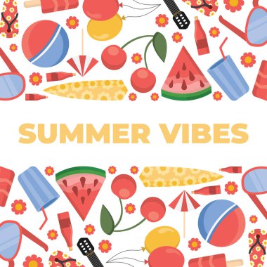 Yaz yatay afişi. Plaj eşyaları, yaz tatili. Güneş gözlüğü, top, sörf tahtası, şampanya, gitar, şemsiye, karpuz, slates, dondurma, kiraz, içecek. Veteriner çizgi filmi basit düz öğeler