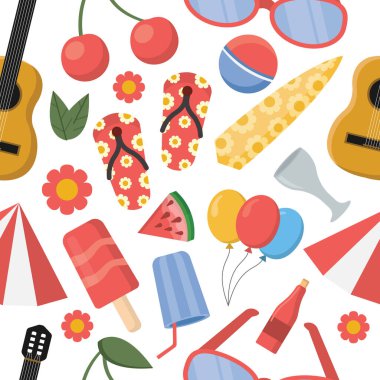 Yaz şablonu Plaj eşyaları, yaz tatili. Güneş gözlüğü, top, sörf tahtası, şampanya, gitar, şemsiye, karpuz, slates, dondurma, kiraz, içecek. Veteriner çizgi filmi basit düz öğeler.