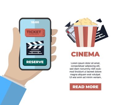 Sinema, sinema, film yapımı, dikey afiş, el ele tutuşmalar. Patlamış mısır kovası, içki, sinema kamerası, bilet, 3D gözlükler, video kaset, film alkışları. vektör düz basit çizgi film endüstrisi.