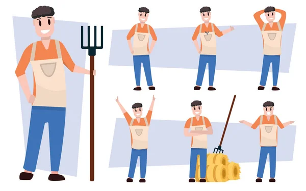 Agriculteurs Personnages Ruraux Masculins Dans Différentes Poses Ouvrier Agricole Bricoleur — Image vectorielle