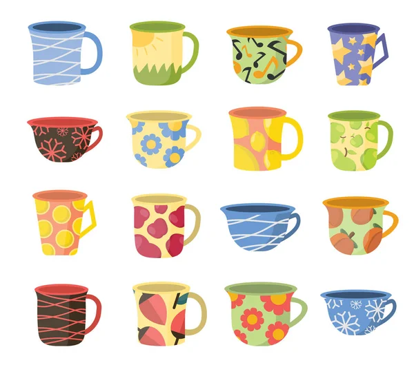 ティーカップセット ヴィンテージティーカップコレクション茶道 果物や花や線や手描きの模様のマグカップです ベクトル漫画フラットイラスト — ストックベクタ