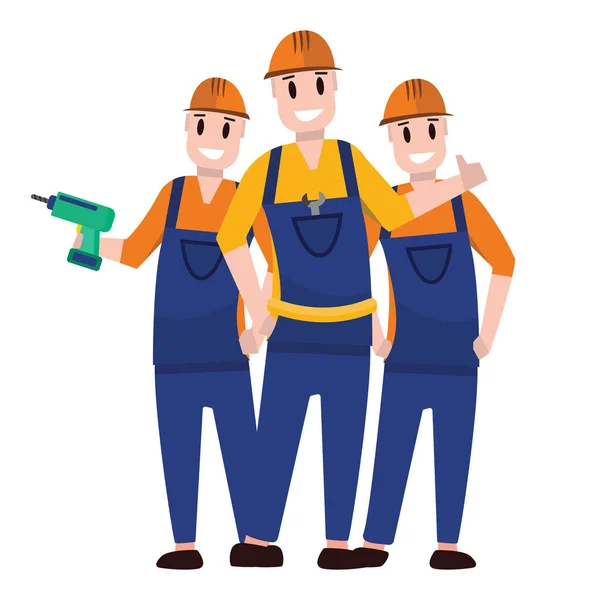 建筑工人 戴着钢盔的修理工 穿着工作服的男建筑工人 穿着工作服的建筑工人站在一起 矢量卡通人物 — 图库矢量图片