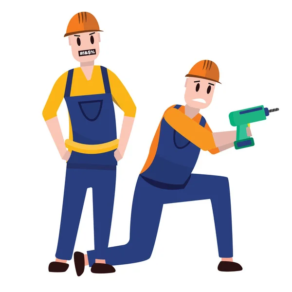 建筑工人 戴着钢盔的修理工 穿着工作服的男性建筑工人 穿着工作服的建筑工人 站在一起 他们感到满意 令人费解 — 图库矢量图片