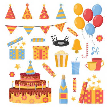 Doğum günü, tatiller, izole eşyalar. kek, şampanya, hediyeler, patlamış mısır, balonlar, şapkalar, bayraklar, şekerler. tatil vektörü düz karoon ögeleri .