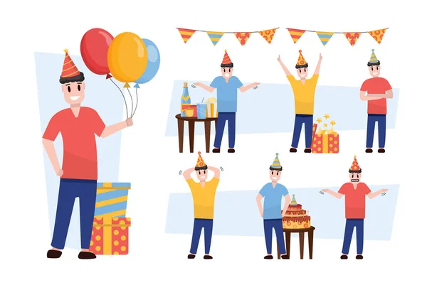 Birthday Characters Happy Funny Cartoon Male People Standing Present Boxes — Stock Vector