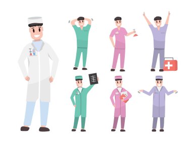 Doktorlar, tıp çalışanları çizgi film karakterlerini düz hale getirdi. Doktor önlüklü ve tişörtlü doktorlar, cerrahlar ve başhekim farklı pozlarda. vektör düz çizgi film illüstrasyonu.