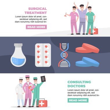 Doktorlar, sağlık çalışanları yatay afişler çizgi film düz erkek karakterleri. Doktor önlüklü ve tişörtlü doktorlar, cerrahlar ve başhekim farklı pozlarda. vektör düz çizgi film illüstrasyonu.