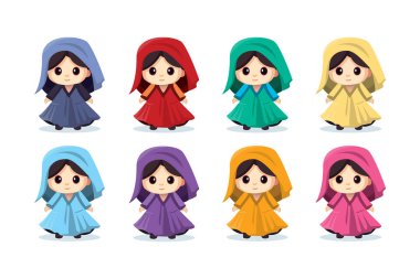 Sevimli komik chibi kızları, renkli elbiseli çizgi film. Küçük kırmızı başlıklı rahibe. Anime tarzında geniş şekillendirilmiş çizgi film gözleri.