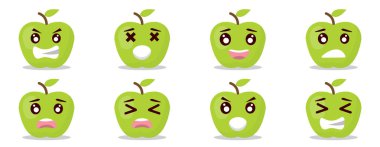 Şirin elma çizgi film emoji seti. Elma şeklindeki yüzünde farklı bir ifade var. kızgın, üzgün, hayal kırıklığına uğramış, gülen, mutlu yüzler. vektör çizgi film emoji karakterleri.