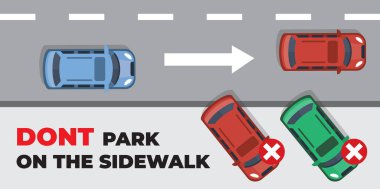 Trafik kuralları ve bahşişler. Kaldırım uyarı levhasının üstüne park etme, düz park et. vektör karikatür şablonu