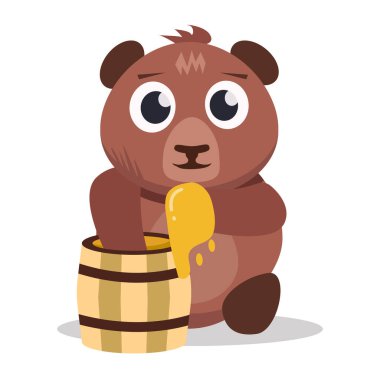 Ballı bebek ayı. Tatlı, vahşi, komik, ballı ayı. vektör karikatür çocuksu hayvan düz karakter.