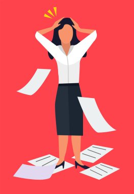 İş kadını muhasebeci krizi. Hayal kırıklığına uğramış yorgun kadın ofis çalışanı. vektör minimalist düz el çizilmiş iş kadınları kavramı.