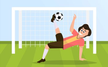 Karakter futbol oynuyor. Futbol oynayan çizgi film karakteri, futbol stadyumu turnuvası, açık hava spor aktiviteleri konsepti. vektör karikatür stadyum futbol arka planı.