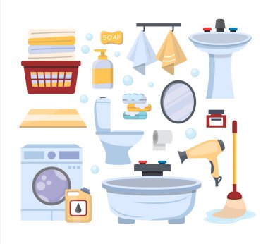 Banyo karikatürleri. Tuvalet mobilyaları, aksesuarlar, iç malzemeler, duş, havlu, şampuan şişeleri, çamaşır eşyaları. Vektör banyosu elektronik ögeleri ayarlandı.