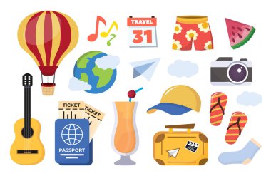 Seyahat takımı. seyahat kameraları pasaport kapağı valiz balonu güneş gözlüğü uçak gitar şortlar parmak arası terlikler, turizm, kamp, tatil gezisi. vektör düz çizgi film ögeleri belirlendi.