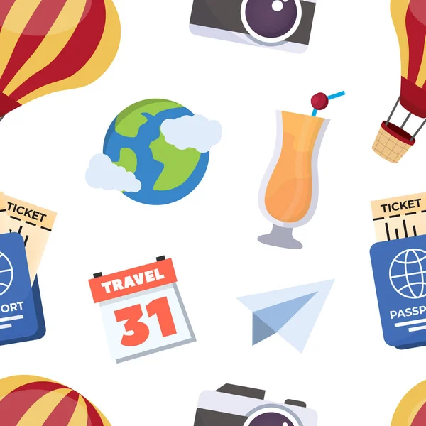 Wzór Podróży Podróżujący Personel Aparat Fotograficzny Bilet Paszport Bagaż Balon — Wektor stockowy