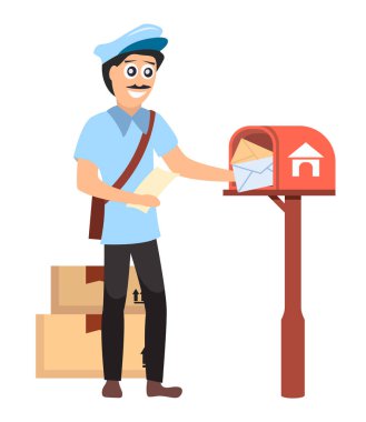 Postacı karakteri. Postacı posta çantasıyla üniformalı teslimat yapar, posta kutusuna mektup koyar. vektör çizgi film minimalist düz karakter.