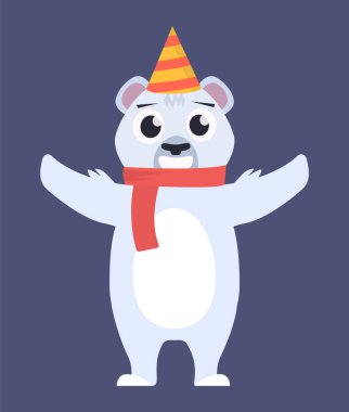 Kutup ayısı. Kışın giyilen beyaz ayılar, hediyeler, tatil karakterleri hayvan koleksiyonu. vektör çizgi film karakterleri düz karakterler.