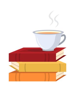 Kitap okumak. Kütüphane eğitim ürünleri karikatür minimalist düz kitap desteleri renkli kapaklar ve üzerinde çay fincanı. vektör karikatür ögeleri.