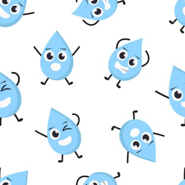 Tatlı su damlası deseni. çizgi film komik minimalist karakter koleksiyonu, su sıvısı tipleri, su damlası günü. vektör karikatürü düz desen.