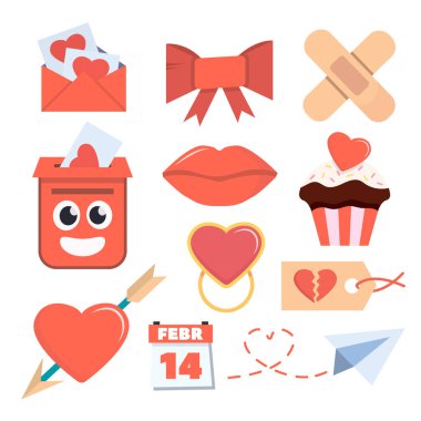 Sevgililer Günü elementleri. karikatür romantik aşk 14 Şubat parti kutlaması, kalp dudaklar tatlı mektuplar zarf yüzükler hediye kutuları seviyor. vektör karikatür minimalist nesne koleksiyonu.