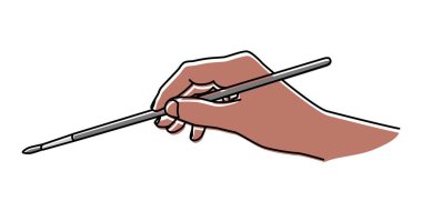 İnce çizgili bir el fırçası tutuyor. Resim öğretmeni, profesyonel sanatçı, sanat okulu öğrencisi konsepti. Vektör illüstrasyonu beyaz arkaplanda izole edildi