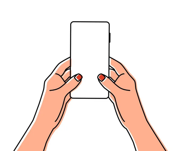 Ręce Kobiety Trzymające Telefon Komórkowy Narysowane Cienką Linią Ilustracja Wektora — Wektor stockowy