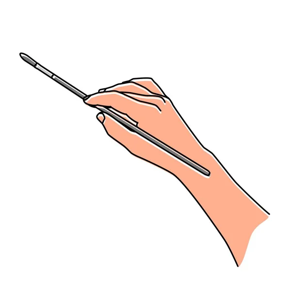 Hand Holding Brush Hand Drawn Thin Line Teaching Painting Professional — Stock Vector