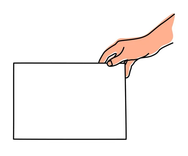 細い線で描かれたA4用紙の手を握ります ドキュメントの提示 メモの表示 画像のテンプレート 白を基調としたベクトルイラスト — ストックベクタ